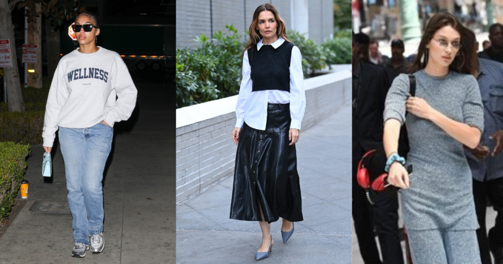 Lori Harvey in casual outfit, Katie holmes in clasy dress and bella hadid in casual grey outfit. represent 2025 fashion trends